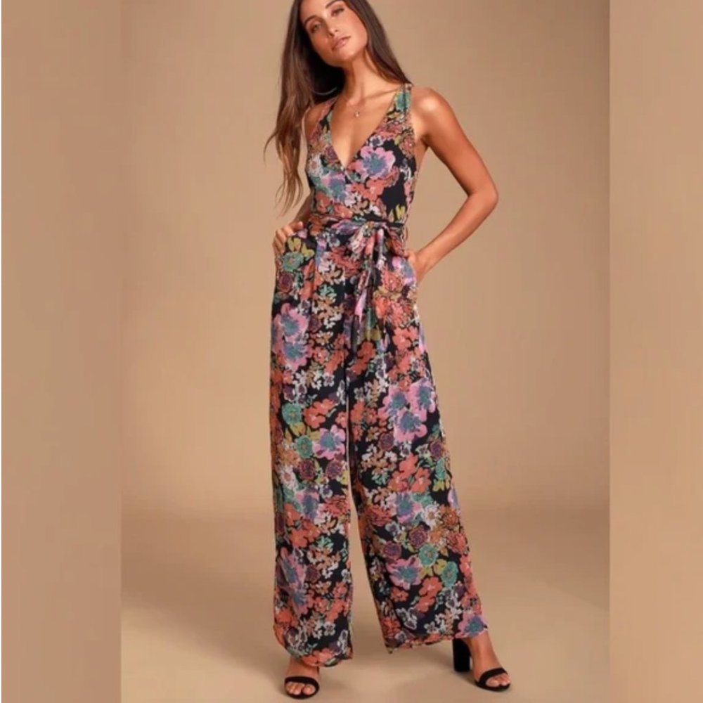 LULU'S Sweetest Romance Black Multi Floral Print Wide Leg Jumpsuit Size XS